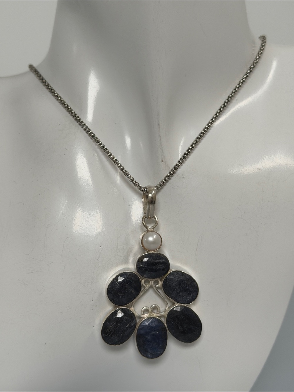 925 Sterling Silver Blue Topaz  & Pearl Pendant Necklace